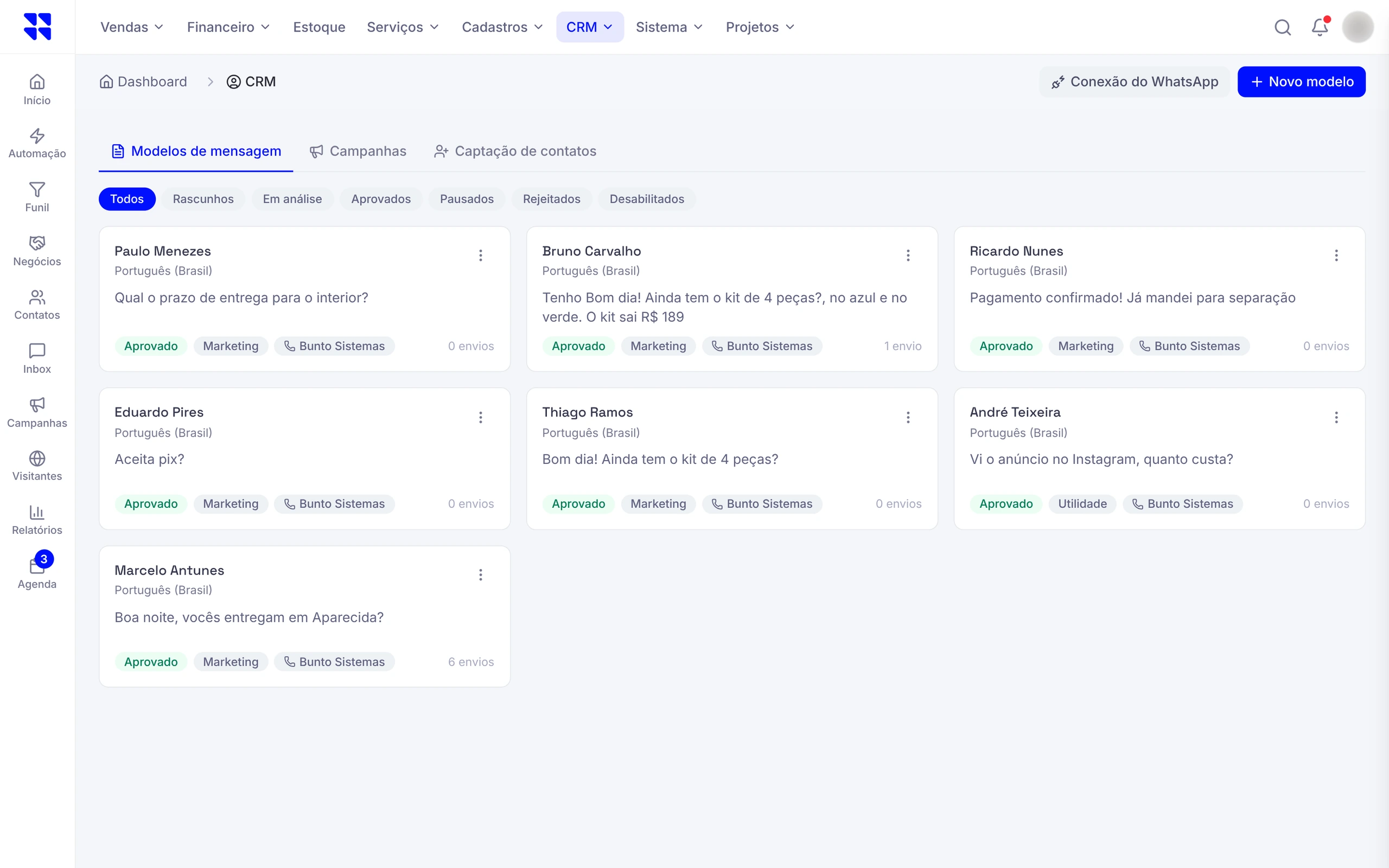 Tela de canais do CRM, com WhatsApp, Instagram e TikTok conectados