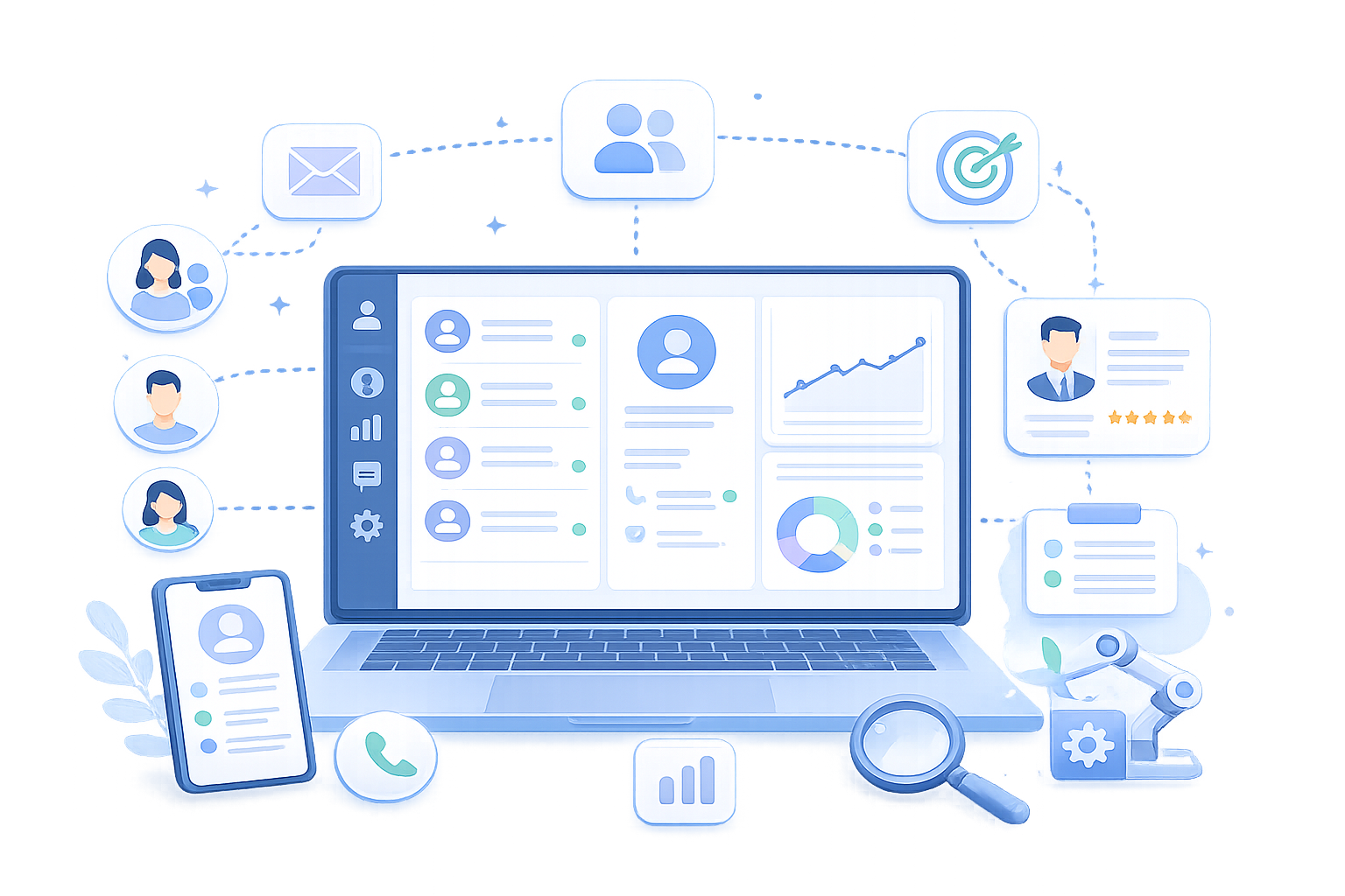 CRM no notebook com caixa de entrada de clientes, funil de vendas e indicadores