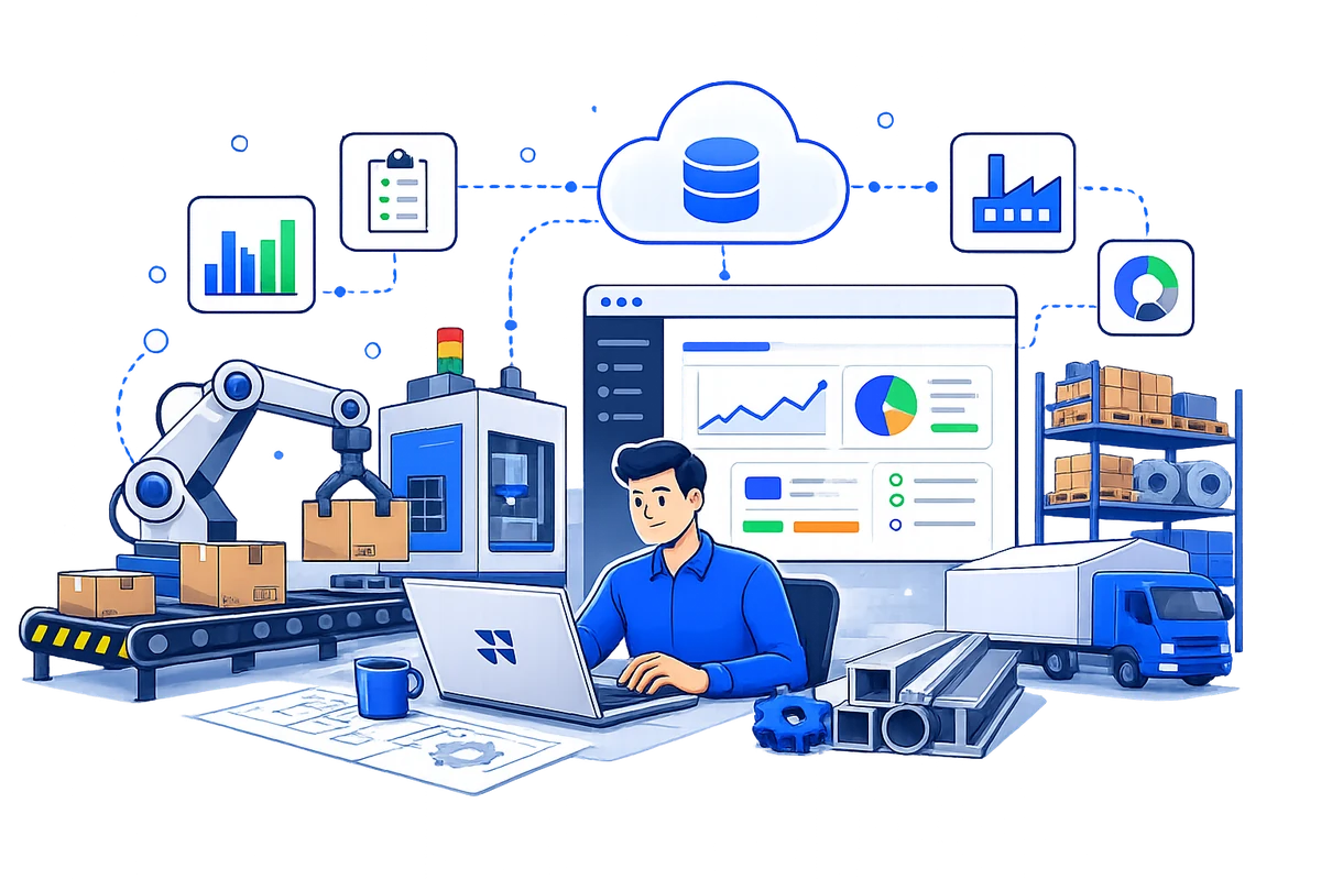 ERP para indústria: linha de produção com braço robótico, painel de indicadores, nuvem, expedição e matéria-prima, tudo integrado